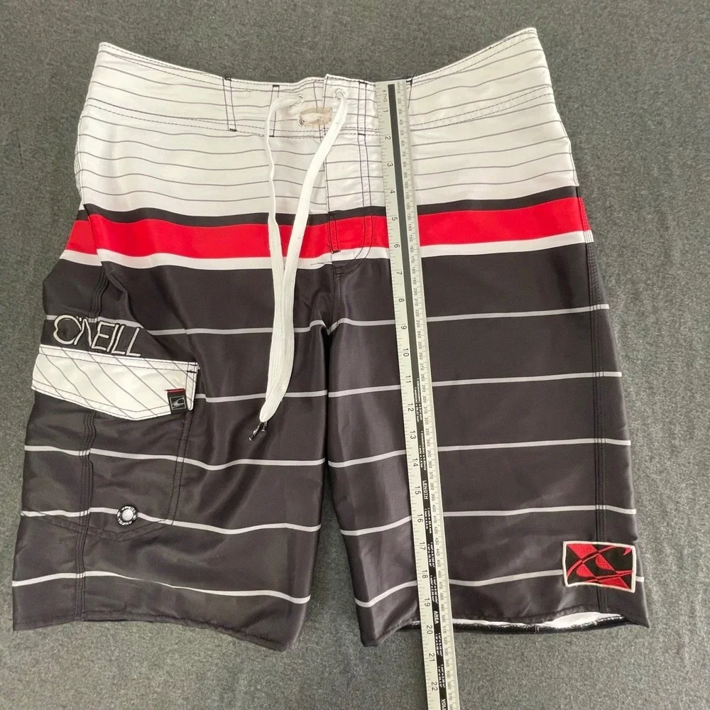 O'Neill Mens Board Shorts Black‎ White Red Striped Surf Trunks Size 31 RN85773